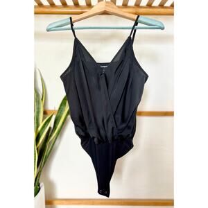 Express Satin Black Surplice Bodysuit